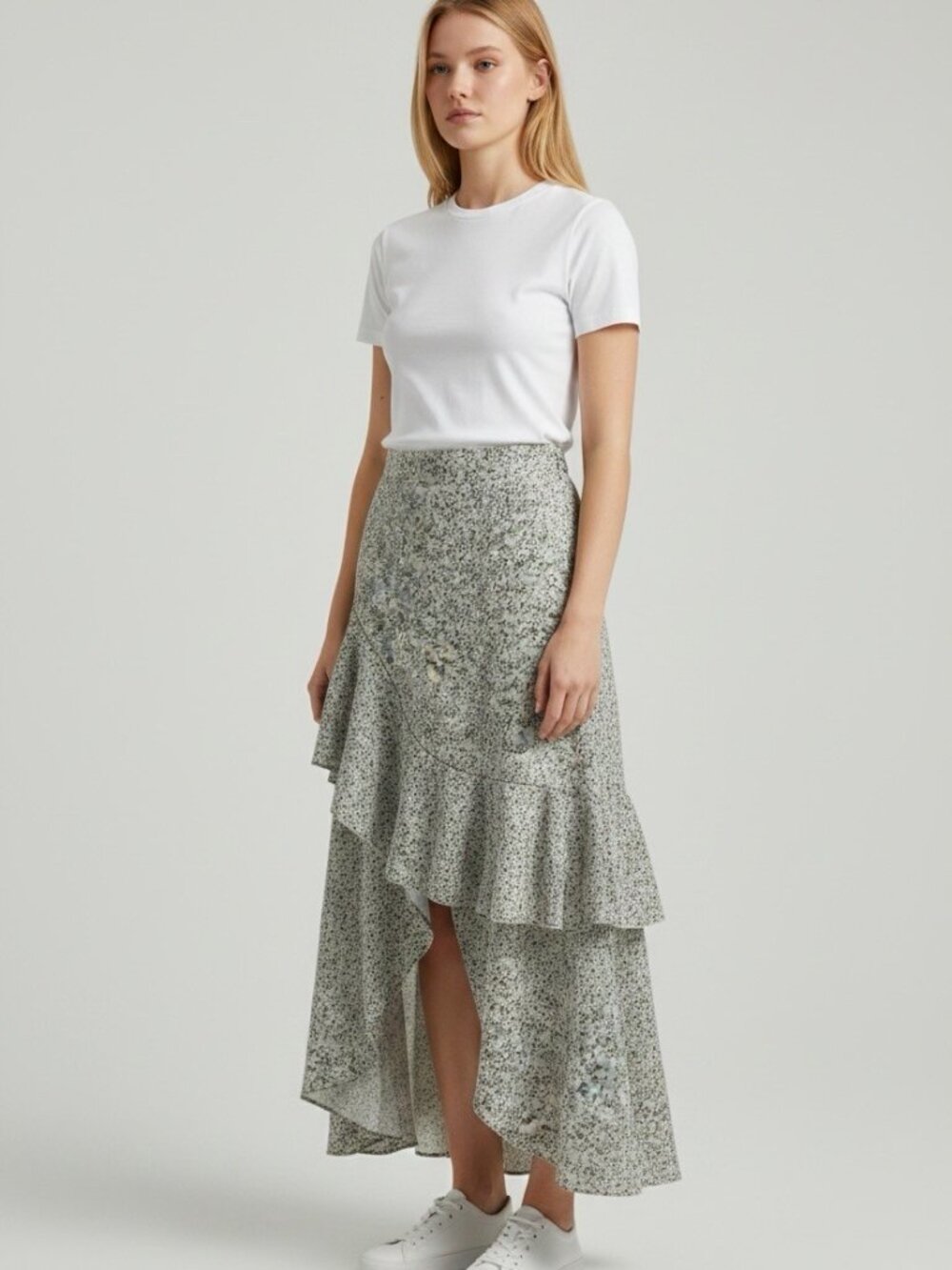 Women Long Skirt Boho Floral Elastic Waist Split Ruffle High Low Small